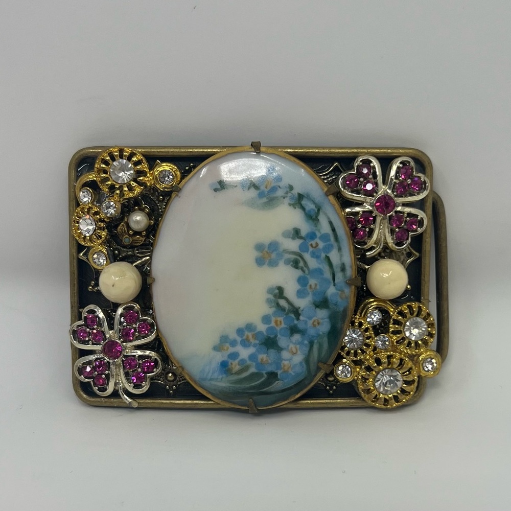 Women’s Buckle Rage Victorian Style Cabochon Blue Flowers Rhinestones Clovers